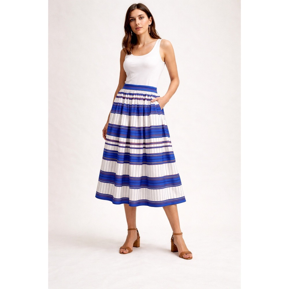 NOVIS Cotton Stripe Midi Skirt Pleated Waist Blue White Classic Feminine Sz 6